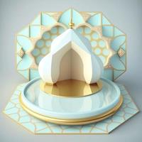 Islamic ramadan podium background of futuristic and modern 3d realistic mosque with scene and stage for product display photo