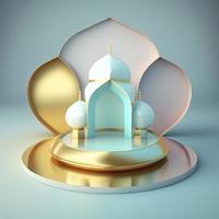 realistic 3d islamic scene background shiny diamond color effect with mosque gate for podium and product display stage photo