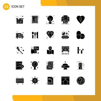 Set of 25 Vector Solid Glyphs on Grid for heart hardware concept printing digital Editable Vector Design Elements