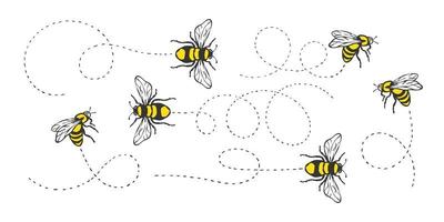 Bee flying. Bee flying on a dotted route. Hand drawn bees. Vector illustration