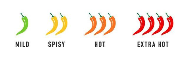 Spicy levels icons. Hot natural chili pepper symbols. Spicy and hot. Vector illustration