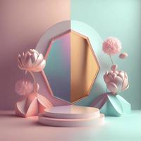 ilustración 3d de podio de lujo con elegante color rosa y adorno floral abstracto para exhibición de productos foto