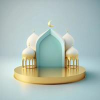 Islamic theme product display background in 3d rendering illustration design, Mosque portal frame with podium or stage and empty space. photo