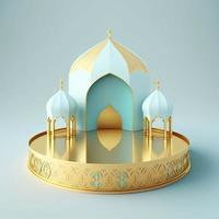 Islamic theme product display background in 3d rendering illustration design, Mosque portal frame with podium or stage and empty space. photo