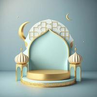 Islamic theme product display background in 3d rendering illustration design, Mosque portal frame with podium or stage and empty space. photo