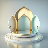 Islamic ramadan podium background of futuristic and modern 3d realistic mosque with scene and stage for product display photo