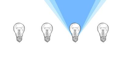 Light from a light bulb. Light bulb drawn by hand with a beam of light. Vector illustration