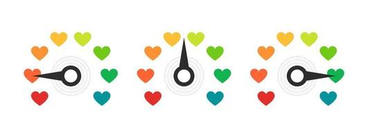 Hearts rating. Mood scale. Satisfaction indicator. Performance measurement client satisfaction. Vector illustration