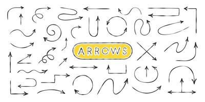 Collection hand drawn arrows. Arrow mark icons. Sketch style. Vector illustration