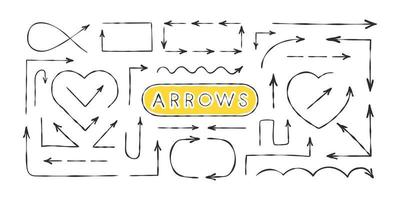 Creative arrows. Collection hand drawn arrows. Arrow mark icons. Sketch style. Vector illustration