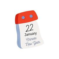 Tear-off calendar. Calendar page with Chinese New Year date. January 22. Flat style hand drawn vector icon.