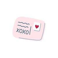 Cute hand drawn envelope with pink heart stamp. Romantic mail. Holiday postcard. Vector illustration.