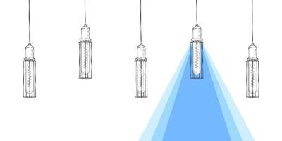 Light from retro lamp. Retro lamp drawn by hand with a beam of light. Vector illustration