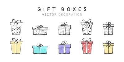 Gift box drawings. Various gift boxes. Drawings decor elements. Vector illustration