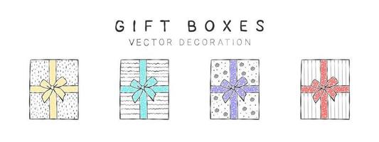 Gift boxes with ribbons. Drawn gift boxes with different textures. Drawings decor elements. Vector illustration