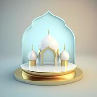 Islamic ramadan podium background of futuristic and modern 3d realistic mosque with scene and stage for product display photo