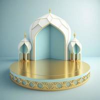 Islamic theme product display background in 3d rendering illustration design, Mosque portal frame with podium or stage and empty space. photo