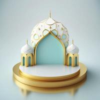 Islamic theme product display background in 3d rendering illustration design, Mosque portal frame with podium or stage and empty space. photo