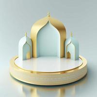 Islamic theme product display background in 3d rendering illustration design, Mosque portal frame with podium or stage and empty space. photo