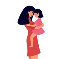 Portrait of young daughter trying to give her mother a big hug. Illustrated in flat design on pink background. Concept of motherhood or love toward mothers vector