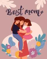 tarjeta de felicitación del día de la madre feliz. ilustración vectorial de madre con hijo e hija en brazos. vector