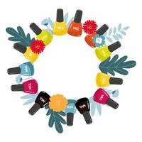 botellas de esmalte de uñas de colores en el marco del círculo. salpicaduras de esmalte de uñas vector