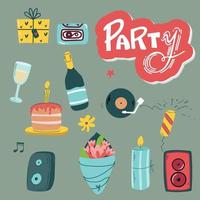 Celebration party carnival festive icons set. Colorful symbols - hat, mask, gifts, balloon. vector