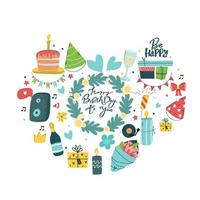 elementos aislados de la fiesta de cumpleaños en forma de corazón. ilustraciones dibujadas a mano, tarjetas de felicitación, elementos de diseño de invitación. pasteles con velas, globos. celebración navideña, decoración de fiestas vector