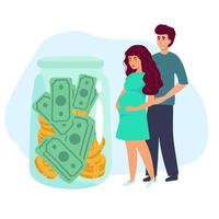Young pregnant woman purse. Pregnant woman and money. vector flat design illustrations isolated on white background