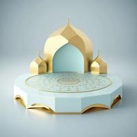 Islamic theme product display background in 3d rendering illustration design, Mosque portal frame with podium or stage and empty space. photo