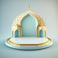 Islamic theme product display background in 3d rendering illustration design, Mosque portal frame with podium or stage and empty space. photo