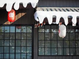 Japanese lantern hung in front of Japanese Restaurant, Japanese text on lantern is Japanese food. photo