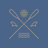 simply four element of waves, shark, canoe and sun divided by canoe paddle in mono line art for badge, sticker, t shirt apparel, etc vector