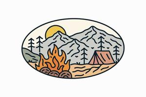 diseño de línea mono de hoguera de camping natural para placa, pegatina, parche, diseño de camiseta, etc. vector