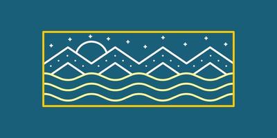 the waves and mountain in mono line art vector design