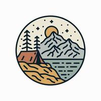 Nature camping under starry night in mono line art design for badge, sticker, patch, t shirt design, etc vector