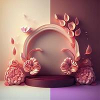 Ilustración 3D de podio para exhibir productos con flores. foto