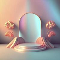 Ilustración 3d de podio con adorno de corona de flores abstractas para la promoción de productos de la tienda foto