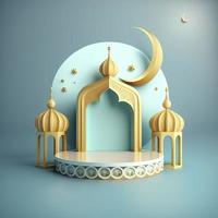 Islamic theme product display background in 3d rendering illustration design, Mosque portal frame with podium or stage and empty space. photo