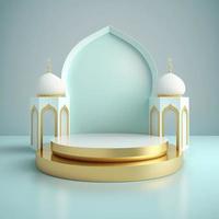 Islamic theme product display background in 3d rendering illustration design, Mosque portal frame with podium or stage and empty space. photo