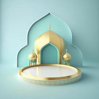 Islamic theme product display background in 3d rendering illustration design, Mosque portal frame with podium or stage and empty space. photo