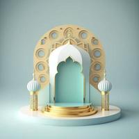 Islamic theme product display background in 3d rendering illustration design, Mosque portal frame with podium or stage and empty space. photo