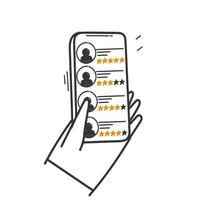 hand drawn doodle People Characters Giving Feedback on mobile phone illustration vector