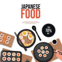 Template for Japanese restaurant advertising in social networks with rolls, ramen soup and sushi on white background. Poster, banner, sale. Vector