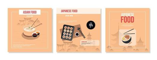 conjunto de publicaciones cuadradas en las redes sociales con arquitectura japonesa, comida, panecillos, sopa de ramen. banner, promoción, descuento, venta. vector