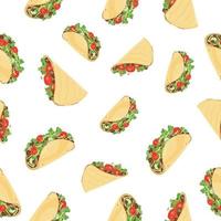 Seamless background and printable template with Latin American food on white background. Quesadilla and tacos in a flat style. Vector