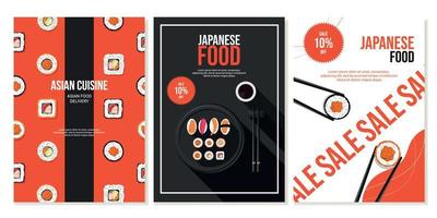 Set of flyers for social networks with Japanese food, rolls, ramen soup. Menu, Asian food, restaurant advertising. Banner, promo, sale. Vector