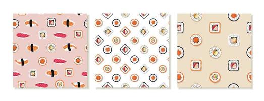 Set of Seamless Patterns with Rolls and Sushi. Japanese Asian food, healthy eating, cooking, menus. Vector illustration.