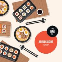 plantilla para publicidad de restaurante japonés en redes sociales con panecillos, sopa de ramen y sushi. vector