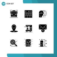 9 User Interface Solid Glyph Pack of modern Signs and Symbols of coffee map music location mind Editable Vector Design Elements